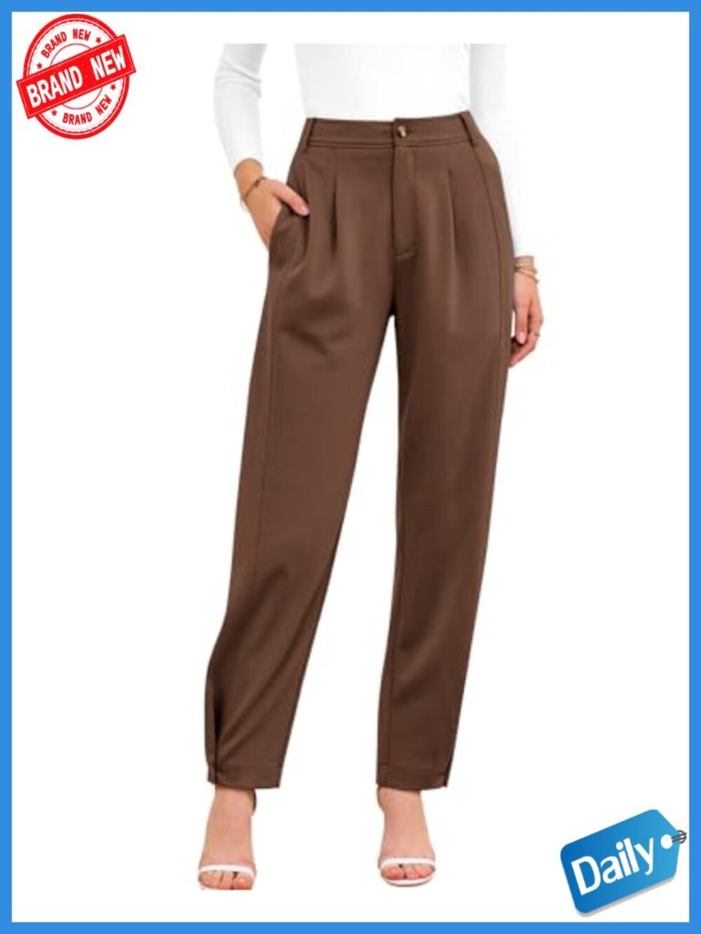 Stretchy Tapered Work Pants for Women with Pockets, Zip Front Pleated Slacks
